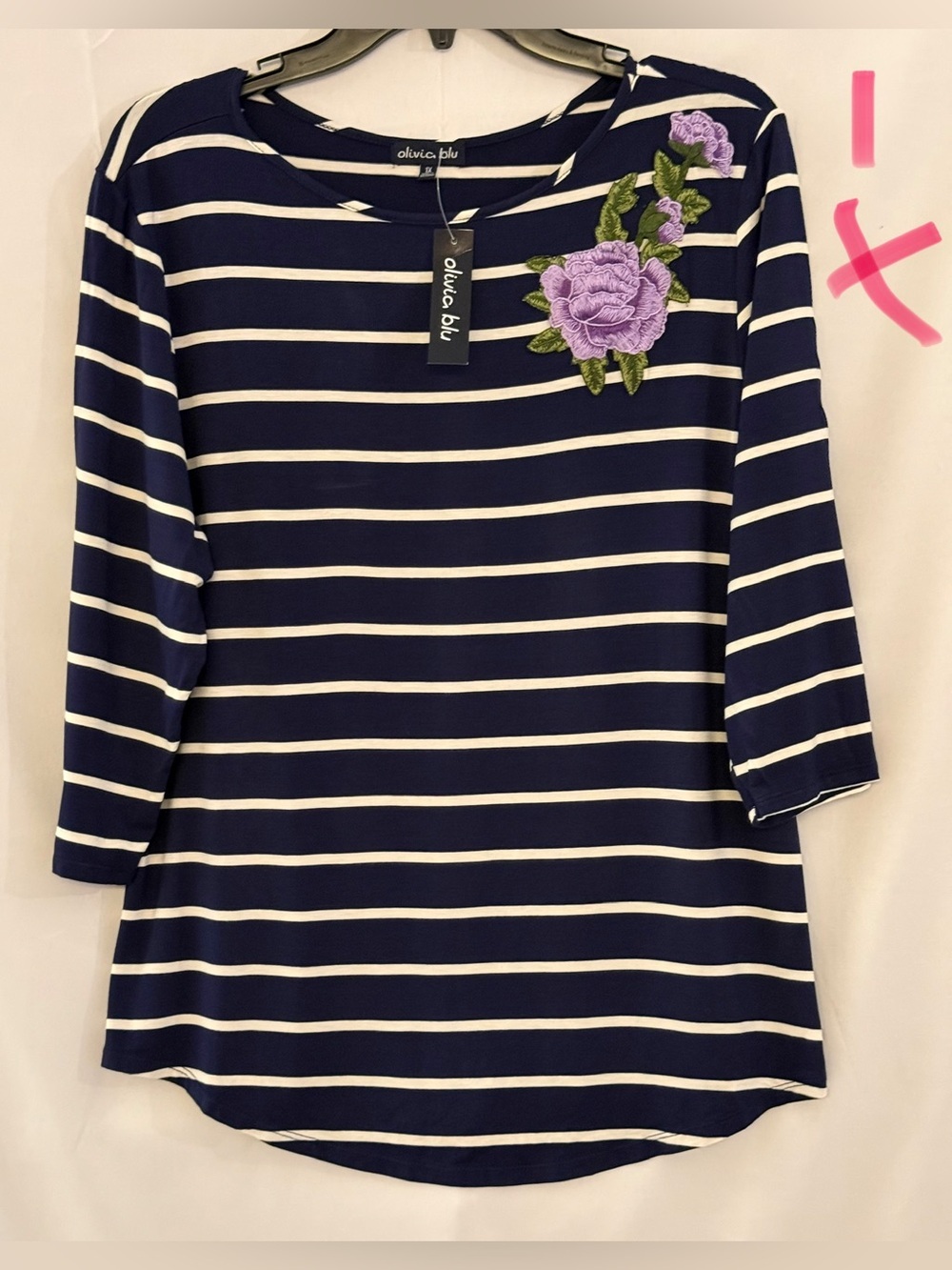 Olivia Blu Navy & White Striped Long Sleeve Top with Purple Floral Applique